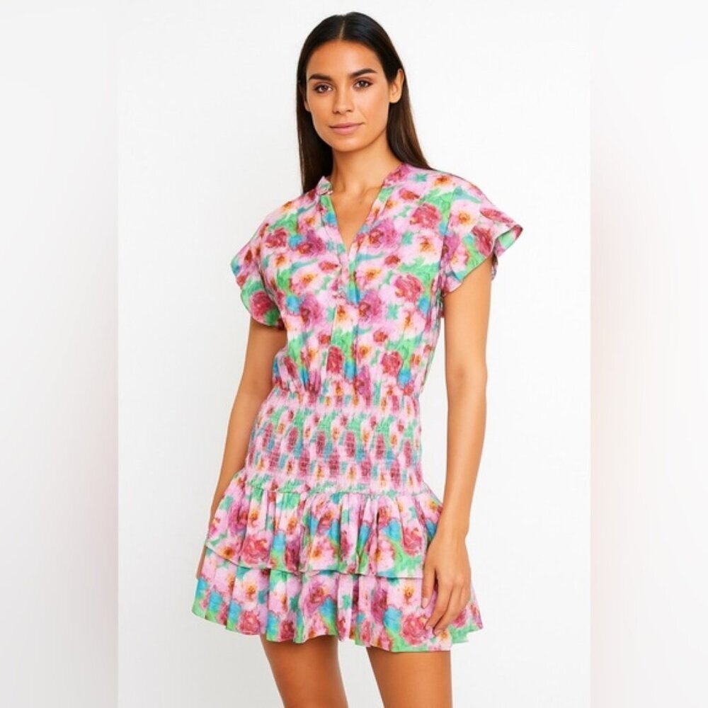 NWT 3rd + fourth Peony Print Smocked Mini Dress with Ruffle Sleeves size L